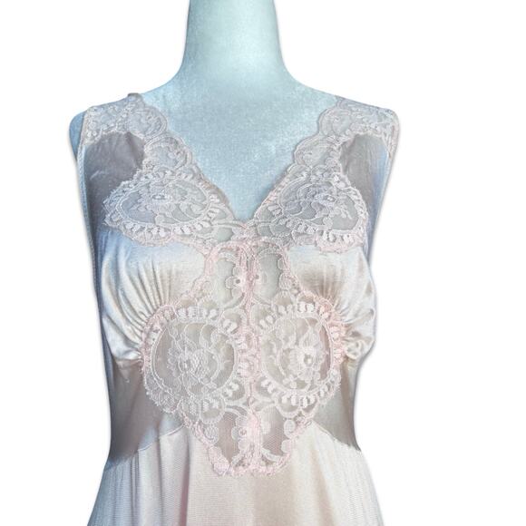 Vintage Baby Pink Lace Slip Maxi Dress 70s Nylon Nightgown Romantic Boudoir - Picture 3 of 13